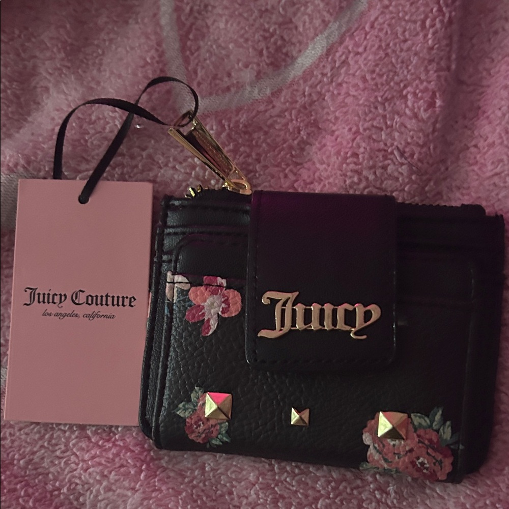 Juicy Couture Black Wallet with Pink Floral and Gold Details